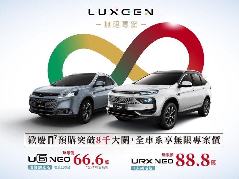 歡慶LUXGEN n⁷預購突破8千張 全車系享無限專案價最低66.6萬起 URX NEO 7人樂活版只要88.8萬