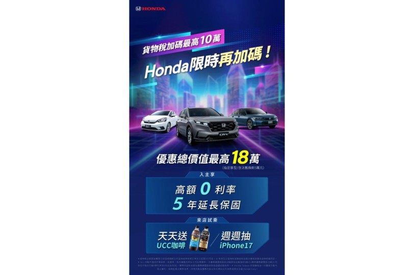 響應貨物稅加碼三讀通過  Honda Taiwan祭出限時豪禮  指定車型最高享18萬元超值禮遇