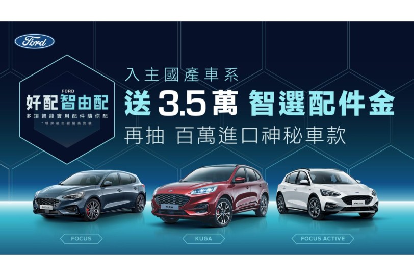 「Ford好配智由配」好評再延續 購車享3.5萬智選配件金  再抽百萬進口神秘車款